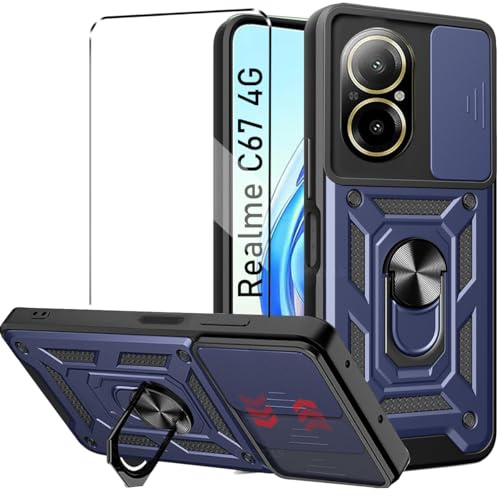Coque et Verre trempé Pour Realme C67 4G Coque de protection étui housse etui protection et protège écran antichoc,Lentille Coulissante Couverture, Support 360° Rotatif Militaire PC Armor Navy