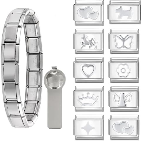 Dihope Italian Charm Bracelet Silber DIY Abnehmbar Module Set Edelstahl 9mm | Italian Style Charms für Damen Mädchen, Italienisches Modular Armband mit Öffnungs-Tool, Geschenk für Geburtstag Jahrestag