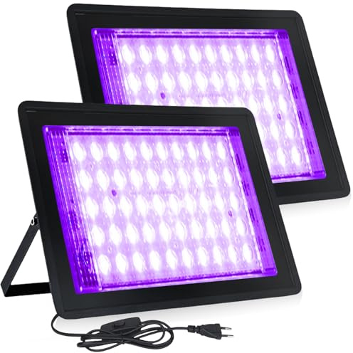 BAIFULAI 2 x 50 W svart ljusprojektor, IP66 vattentät svart lju, 50 st UV-lamppärlor, svart ljus, med uttag, för diskotek, neonfest, scenbelysning, festtillbehör