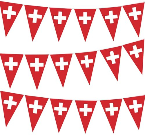 Guirlande de fanions de 10 m avec 30 drapeaux pour jeux Oly, drapeau triangulaire suisse 14 x 21 cm, décoration de drapeau Oly 2024, bannière de fanions suisse pour jardin, bar, fête et rue Oly 2024