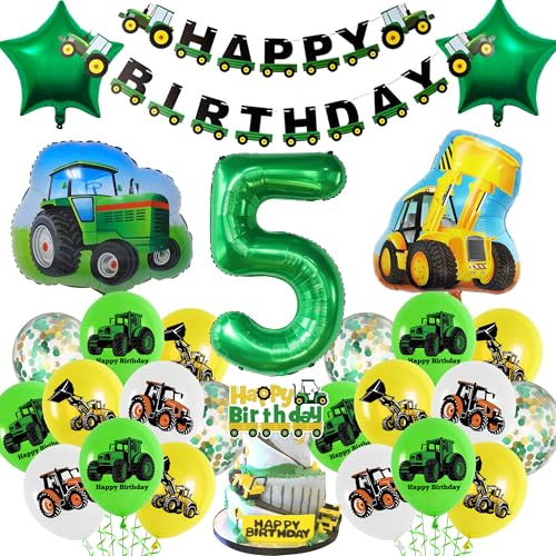 Tractor 5th Birthday Decorations Boy - Construction Vehicle Themed Party Supplies Includes Cake Topper, Happy Birthday Banner, Latex Stars, Number 5 Tractor Digger Balloons