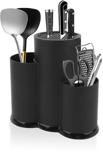 3 in 1 Ceppo Coltelli da Cucina, Ferroso Ceppo Coltelli Vuoto, Nero Porta Coltelli Cucina, Ceppo Portacoltelli da Cucina Con Foro Scarico e Slot Porta, Blocco Porta Coltelli Tondo per Cucina