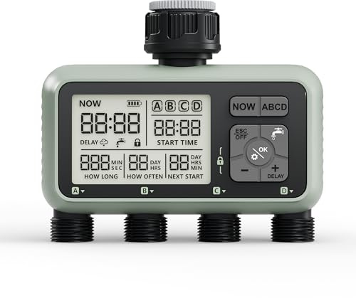 Diivoo Compteur d'arrosage 4 sorties programmable IP54 avec retard de pluie et arrosage manuel/automatique pour pelouse, jardin, piscine