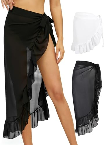 Monbessi 2 st Sarong strandkläder chiffong genomskinliga strandkjolar för kvinnor strand täcker upp pareo snörning, Svart lång + vit kort, one size