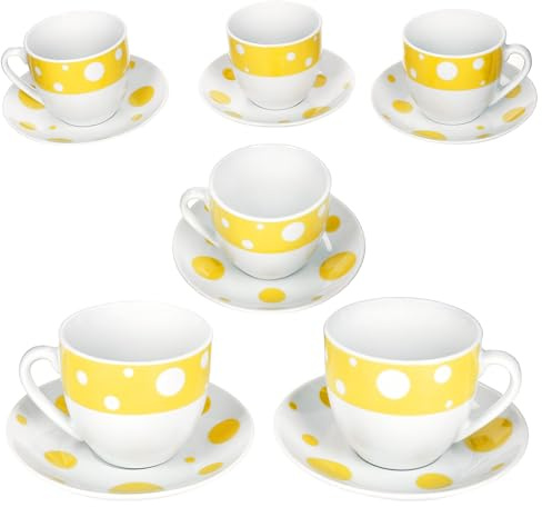 MamboCat Pula gelb Kaffeetassen mit Untertassen für 6 Personen I weißes Porzellan-Set mit Punkten für Frühstück & Kaffee I Je 6X Teetassen 200ml & Untertassen