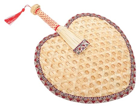 VALICLUD Heart-shaped Wheat Straw Hand Fan Handmade Woven Rattan Fan Red Cloth Edge Lightweight Portable Cooling for Babies Trips Home Decor Folding