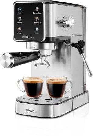 Ufesa Arona Macchina Caffè Espresso 1350W, Pannello Touch a Colori, 20 Bar, Funzione Espresso Cool, Lancia a Vapore Regolabile, Serbatoio Acqua 1L, Portafiltro in Metallo, Design Compatto Caffè Freddo