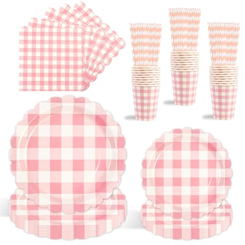 80 Stück Rosa Gingham Partygeschirr Set,Gingham Geburtstag Geschirr Teller Becher strohhalme und Servietten Set für Teeparty Geburtstag Hochzeiten Baby Shower Deko Jubiläums