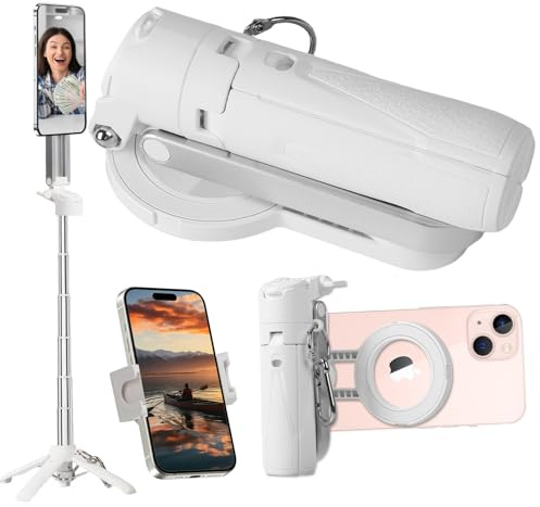 Qivine Magnétique Mini Perche à Selfie, Téléphone Petit Trépied, Rotation à 360° avec avec Télécommande de Recharge sans Fil pour Prendre des Photos pour iPhone 12/13/14/15/16 (Blanc)