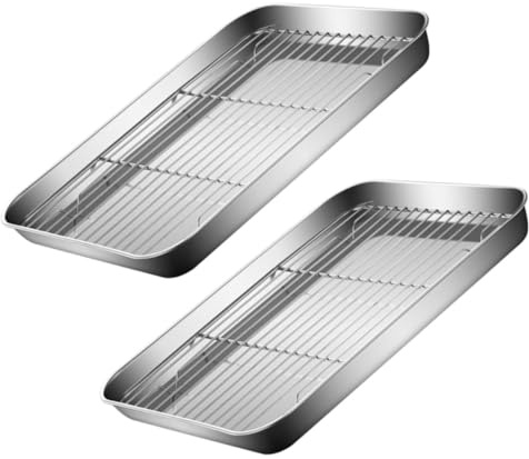 DECOMELODY Lot 2 Plaques Cuisson Inox 23x17x2,5 Cm Grille Égouttoir Antidérapante Multifonction Cuisine Maison Pâtisserie Cuisson Vapeur Rangement Empilable