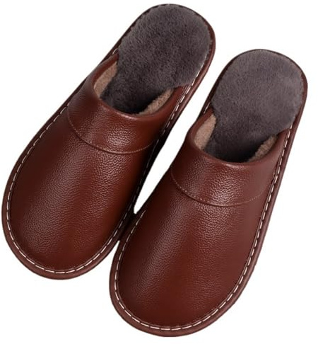 Pantofole Invernali in Vera Pelle Calde Pantofole Chiuse con Fodera in Peluche Donna Uomo Scarpe Comode Antiscivolo per Interni Scarpe Basse Casual per Camera da Letto E Hotel(Brown,39/40 EU)