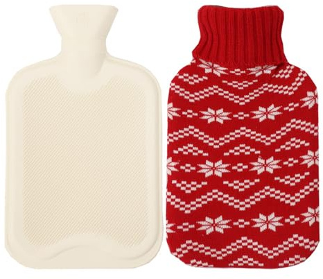 SAMSYOKI Wärmflasche mit Bezug 2L Große Bettflasche Auslaufsichere | Kuschelig Warmflasche mit Weichem Strickbezug Weihnachten Wärmflaschen zur Schmerzlinderung Wärme und Kältetherapie Rot