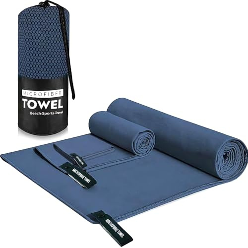 BIFZOIN Microfibre Towel - Travel Towel Set of 3 (38cmx38cm,80cmx40cm,152cmx76cm) Microfibre Quick Dry Lightweight Absorbent Towels for Travel Beach Gym Swimming Hiking Campe Gym Workout - Navy Blue