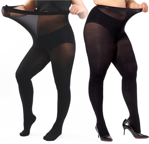 SNDE 2 Pairs Women's Black Tights, 80 Denier Soft Opaque Tights High Waist Pantyhose for Women,XL-XXL
