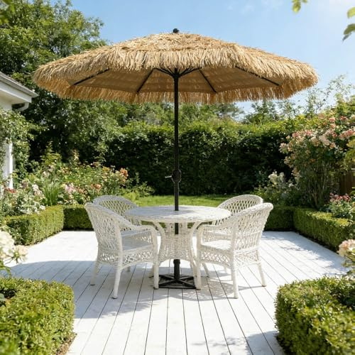 JPQTRYDRIS Hawaii Sombrilla De Paja De Imitación Paja con Manivela, Grande Sombrilla Terraza Jardin De 270 Cm, Sombrilla De Patio para Jardín, Balcón, Paja Simulada Marrón