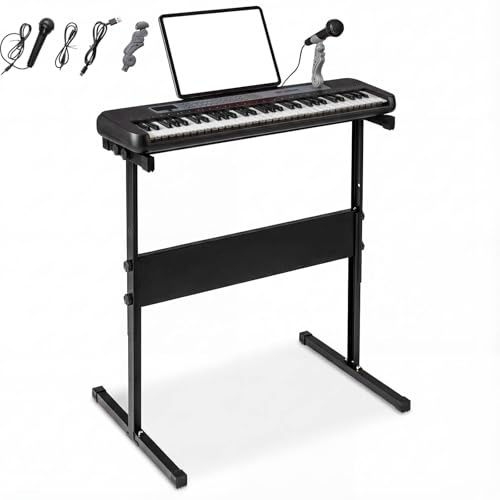 GYMAX 61 Keys Digital Piano, Portable Electronic Keyboard with Adjustable Stand, Music Stand and Microphone, Beginners Keyboard Piano Set for Kids (Black)
