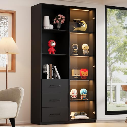 BTM Vitrine und Bücherschrank mit Glastüren, Staubdichter Glasvitrine Stehend mit LED Beleuchtung und Schubladen, Schwarz