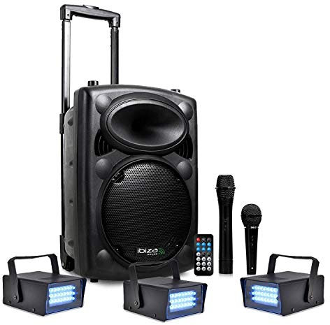 Enceinte Active DJ IBIZA PORT10VHF-BT Karaoké Mobile 500W USB/MP3 +3 Mini strobes Lytor, Sono DJ PA Fete Soiree