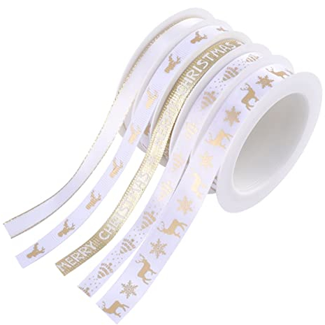 Amosfun Weihnachten Geschenkband Satinband Geschenkband Schleifenband Dekoband Weihnachtsbänder für DIY Basteln Handwerk Haarschleife Geschenkverpackung Kuchendeko Weiß Golden 25M 5 Rollen