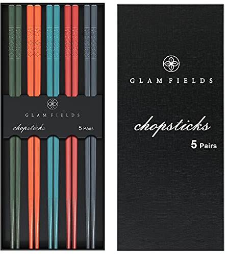 5 Pairs Reusable Chopsticks, GLAMFIELDS Fiberglass Chop sticks Dishwasher Safe, Non-slip, 9 1/2 inches - Gift Set Multi Colors