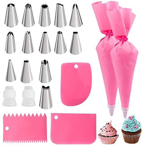 TAKUZA Spritzbeutel Set 21 Stück Mit Tüll Edelstahl, Silikon, Adapter, Kuchenschaber für Cupcakes- und Torten-Dekoration (Rosa)
