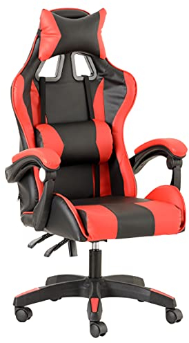 Baroni Home Gaming-Stuhl, ergonomischer Bürostuhl, gepolstert Gaming Sessel mit bequemer, Verstellbarer Rückenlehne, Gamer Chair mit Kopfstütze und Lendenwirbelstütze, Rot