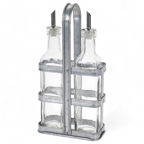 MIJOMA Menage-Set 3-tlg. – Essig & Öl Spender aus Glas im Metallständer, 2x 250 ml, mit Ausgießer, spülmaschinenfest, Industrial Style, robust, Gastroqualität