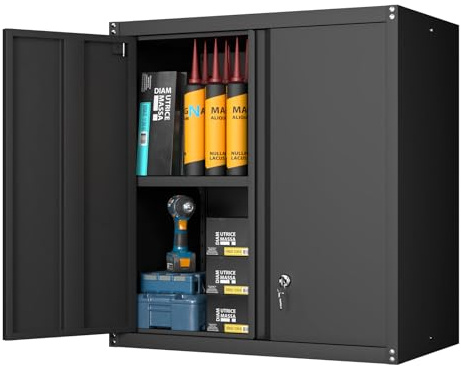 GREATMEET Armario colgante de metal para herramientas con puerta abatible, armario de almacenamiento de garaje montado en la pared con 1 estante ajustable y 2 puertas, armario de acero para garaje