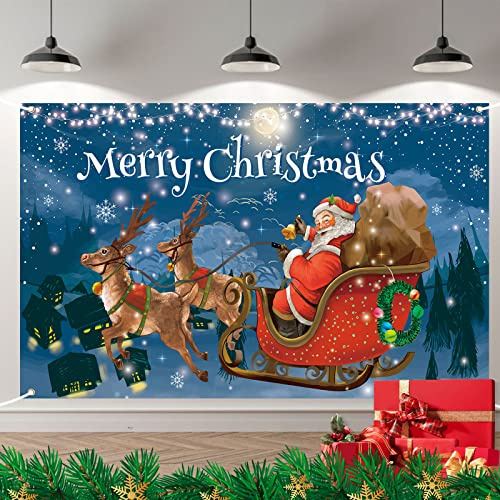 Banner im Vintage-Stil, Motiv: Frohe Weihnachten, großer Weihnachtsmann, Schlitten, Hirsch, Fotokabinenschild, Wandhintergrund, hängende Banner für drinnen und draußen, Party-Dekoration