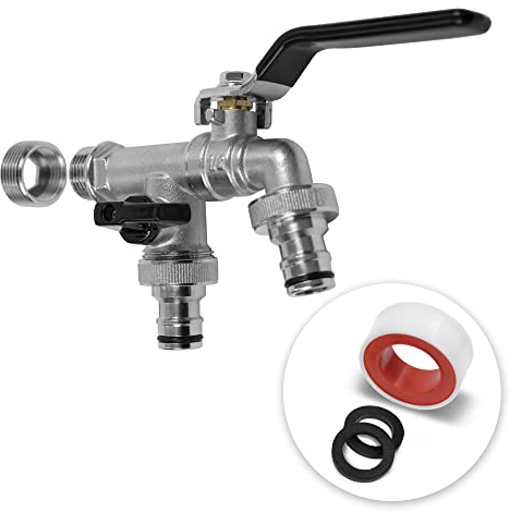 YourCasa® Robinet exterieur jardin [1/2 et 3/4 pouce] Robinet cuve avec 2 raccords de tuyau - Laiton - Robine double sortie - Résistant à la Rouille et au Gel - pour récupérateur Eau de Pluie (noir)