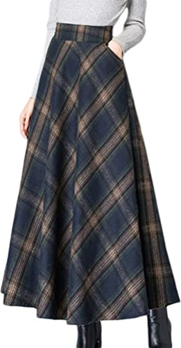 Minetom Femme Jupe Longue Carreaux Vintage Taille Haute Classique Epais Souple pour Hiver Automne Plaid Maxi Jupe Tartan Jupe Longues A Marin M