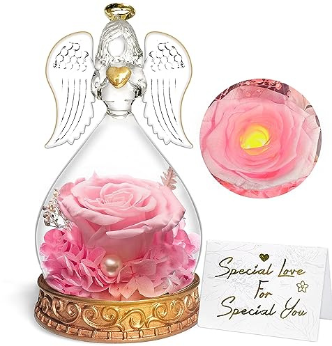 inyeskon Ewige Rose Geschenke, Ewige Rose in Engel Glaskuppel, Konservierte Blumen Handgemachte Ewige Rose für Frauen Freundin Mutter zu Valentinstag Weihnachten Geburtstag (Rosa), 1 stück