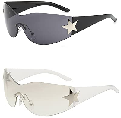 Taekooki 2 Stück Y2K Wraparound Sonnenbrille, Punk Randlose Brille für Damen Herren, Mit Sternform-Tag, für den Außenbereich, Sonnenschutz im Sommer, Alltagskleidung (Schwarz + Grau)