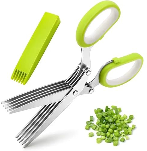 Küchenschere, Kräuterschere, 5 Klingen, Edelstahl, Mehrzweck-Kräuterschneider, mehrere Klingen, Kräuterschneider, tolle Küchenhelfer mit Reinigungskamm und Schutzhülle