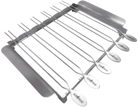 Grillfürst Edelstahl Grillspießhalter für 6 Grillspieße - Spießgestell aus Metall mit 6 Doppelspießen - Skewers für Schaschlik, Gemüse, Fleisch, Garnelen u.v.m., 6 Stück je 35 cm