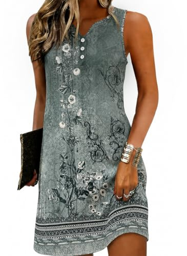 Yeenily Damen Bohemian Langarm Kleid V-Ausschnitt Blumenmuster Tunikakleider A Linien Lose Lässiges MiniKleid Freizeitkleid