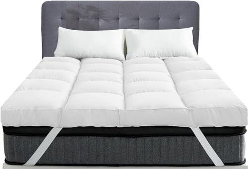 Linens World Mattress Topper king size Bed 10cm Thick | Quilted, Super Soft Microfiber Topper | 1200GSM Fiber Fill Anti Allergy, Washable Topper Fits with Elastic Straps For Extra Comfort (150X200CM)