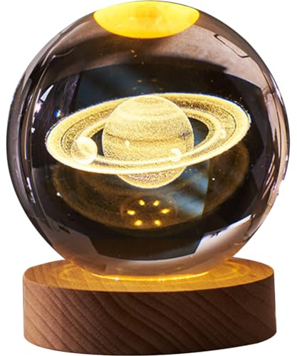 UKCOCO 3D Kristallkugel Nachtlicht Mit Led Beleuchtung 6Cm Planetenkugel Lampe Mit Holzsockel Für Schlafzimmer Kinderzimmer Und Geschenk Zu Weihnachten Und Geburtstag