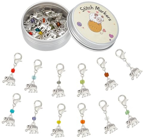 PLIGREAT 12 Pcs Glass Beads Silver Elephant Charms Crochet Stitch Markers Knitting Row Counter Locking Mark Clips Knitting Tool Kit with Storage Tin Box Gifts for Mom DIY Jewelry Crafts Accessories
