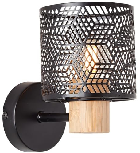 Lightbox Wandspot mit Würfel Muster & Basis aus Bambus - dekorative Wandleuchte für das Schlafzimmer - 17 x 18 x 12 cm - E14, max. 42 W - aus Metall/Bambus - in Schwarz/Hellbraun