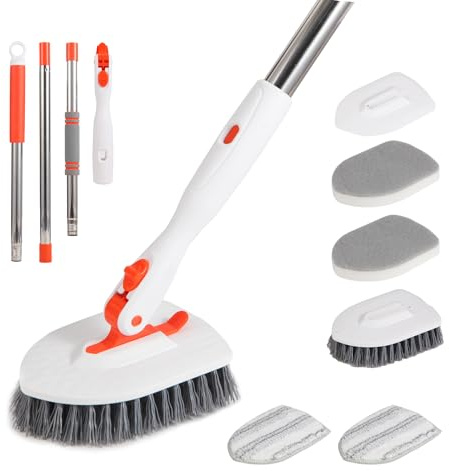 Duschschrubber Reinigungsbürste, 3-in-1 Wannenfliesenschrubber mit 132,1 cm langem Griff, ausziehbare Bodenbürste und 3 Ersatzbürstenköpfe für die Reinigung von Bad, Küche, Badewanne, Boden, Wand,