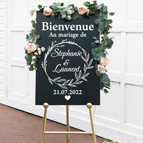 HDLOVE Personalisiertes Willkommensschild-Aufkleber, Rustikale Hochzeits-Empfangsbeschilderung, Boho-Goldenes Design, Geschenk für Paar, Braut (Größe: H-Stil)