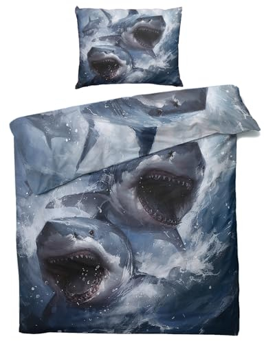 MOBEITI Hai Bettwäsche 135x200, Meerestiere Wendebettwäsche, Weiche Kuschelige Mikrofaser Bettbezug Set 2teilig, 1 Kissenbezug 80x80, mit Reißverschluss -MO&349