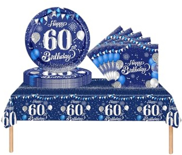 Partygeschirr 60. Geburtstag Männer Frauen,37 Stück Marineblau Silber 60. Geburtstag Dekorationen Tischdecke Papier Platten Servietten für Erwachsene Sie Ihn 60. Geburtstags Geschenk Tischdekoration