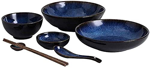 TATAUU Service de Table, Ensembles de Bols, Service de Table rétro en céramique Bleue, Grand Bol à Soupe/Bol à Riz/Assiette/cuillère/Baguettes (7 pièces)