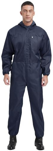 Rswnyirn Mono de trabajo para hombre con capucha, traje de pintor reutilizable, mono de una pieza, traje de cuerpo entero, protección contra el polvo, taller, uniforme, ropa de trabajo, azul marino