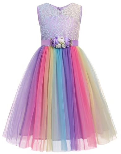 IMEKIS Abito da bambina con scollo a V, senza maniche, in tulle arcobaleno, per principessa, compleanno, matrimonio, festa, da ballo, Lilla, 5-6 Anni