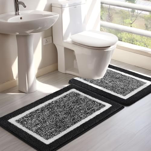 SHACOS Bathroom Rug Mat Set, Microfiber Shaggy Bath Mat, Non-Slip Soft Bathroom Carpet, Super Absorbent Quick Drying, Machine Washable, 2 Piece with U-Shaped Toilet, Black, 45x65cm+50x60cm
