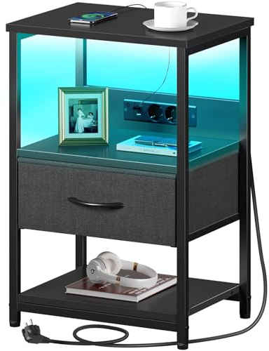 Rolanstar Nachttisch mit LED, Beistelltisch mit Steckdose & Stoffschublade, 3-stufiger Sofatisch mit offenem Regal, perfekt für Schlafzimmer, Wohnzimmer, kleine Räume, 40 x 30 x 60 cm