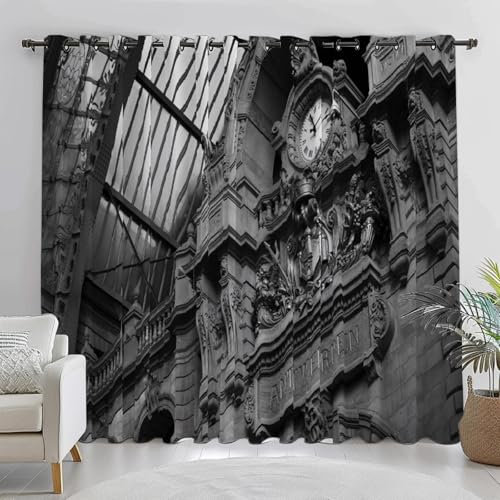 Gardinen Vorhänge mit Ösen, Kirchen Vorhänge Wohnzimmer Modern 2er Set, Vorhang Schlafzimmer Transparent mit Uhren, Vorhang Kinderzimmer Küchengardinen 150 x 166 cm (B x H)